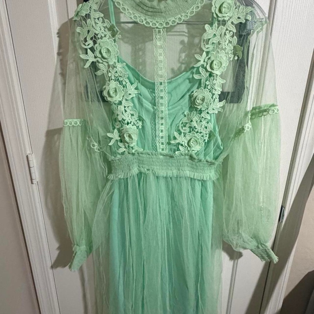 Green Floral Lace Sheer Overlay Fairycore Dress One Size Js-47268-5052